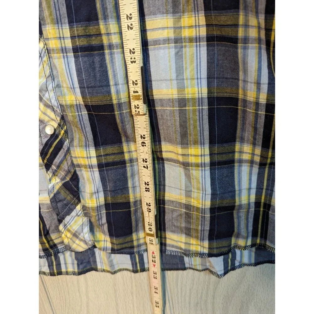 VTG Wrangler Shirt Mens XL Yellow Blue Plaid Western Pearl Snap Cowboy Rodeo